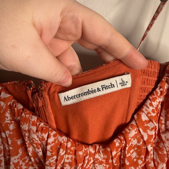 Abercrombie & Fitch Women's Orange Floral Ruched Midi Dress - Size L Large - Picture 6 of 6